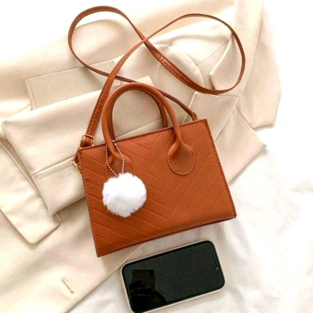 NWT Tan / Brown Small 2in1 Crossbody Shoulder Bag With White Pom Pom